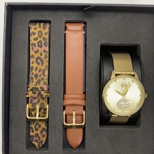 NWT Watch station Gold mesh Brown leopard print band set